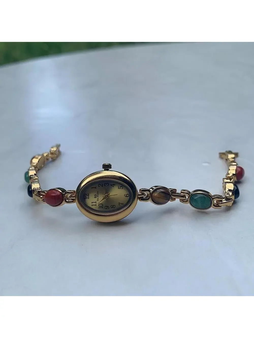 Y2k style Gold style tone quartz watch with glass multicolored jade stone opal